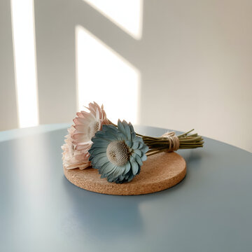 Pastel Flowers Resting on Blue Table