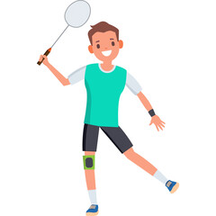 Athletic young man in teal shirt black shorts holding badminton racket with white strings ready to play a game on a transparent background