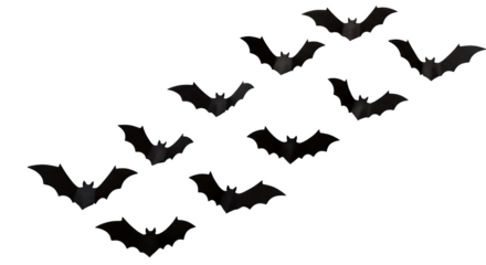 A Flock of Black Bats Flying in Formation isolated on transparent background, png