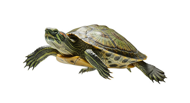 A detailed studio shot of a redeared slider turtle isolated on transparent bakcground, PNG