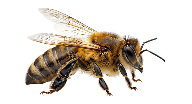 A detailed macro photograph of a honey bee isolated on transparent background, png