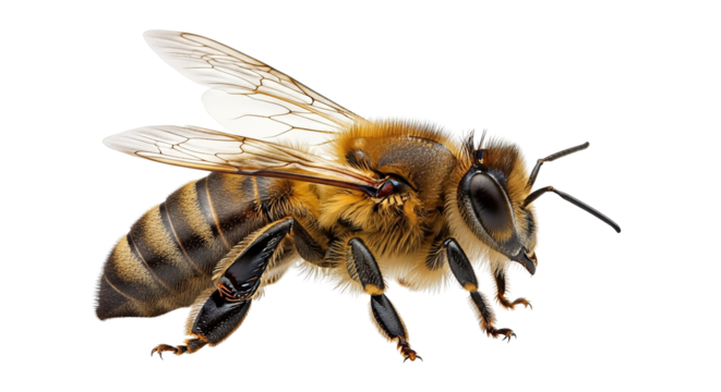 A detailed macro photograph of a honey bee isolated on transparent background