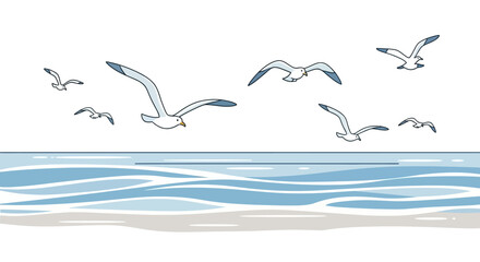 Seagulls flying above a sandy beach  wavy water on a sunny day