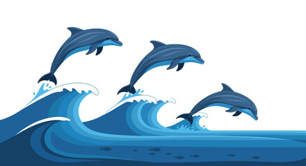 Three blue dolphins leaping over blue waves with small fish beneath the water © Nandar