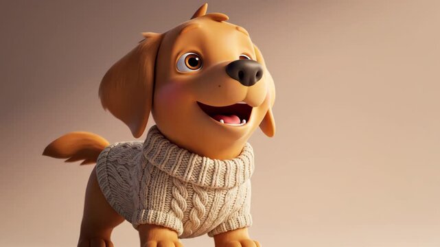 Adorable 3D animated puppy in a cozy knitted sweater, looking happy and playful.