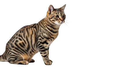 A majestic Bengal cat with striking striped fur sits attentively isolated on transparent background, png