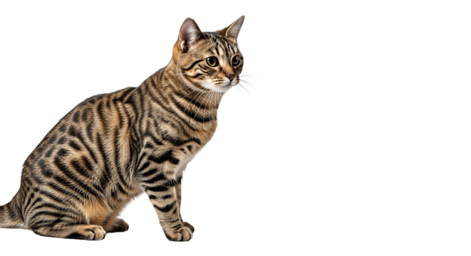 A majestic Bengal cat with striking striped fur sits attentively isolated on transparent background, png