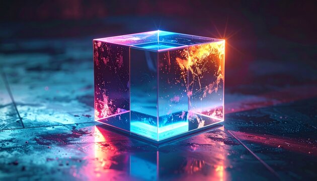 Abstract Glowing Cube with Fire and Ice Inside on Wet Surface.