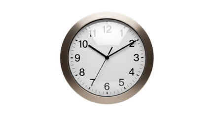 A simple round wall clock with a metallic frame and white face isolated on transparent background, PNG