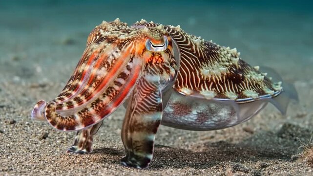 Underwater close up of a colorful cuttlefish on sandy seabed marine animal cephalopod mollusk ocean ecosystem