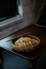 Delicious Korean Japchae Glass Noodles with Chopsticks