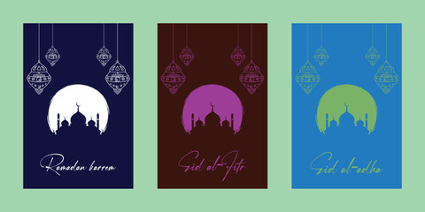 Eid Greeting Card Vector Set Mosque And Lanterns