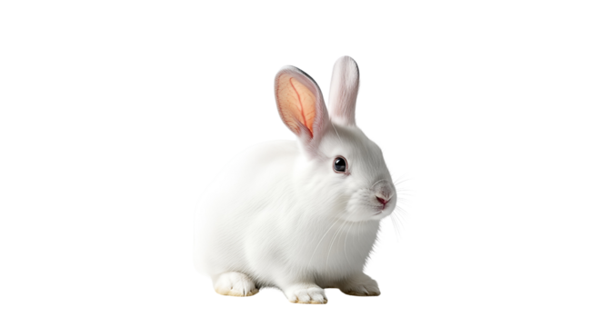 A small white rabbit with long ears sits attentively isolated on transparent background, PNG