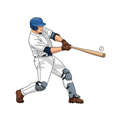 Cartoon illustration of a baseball player swinging a wooden bat at a baseball, wearing a helmet, uniform, and protective gear, against a white background.