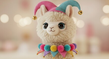 Obraz premium Plush depiction of a cheerful llama wearing a festive jester cap and collar sits against a soft background.