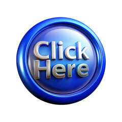3d blue click here button with metallic texture and transparency transparent background