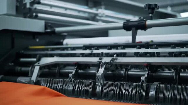 Fabric industrial machine in production, weaving textile in factory, for clothing manufacturing