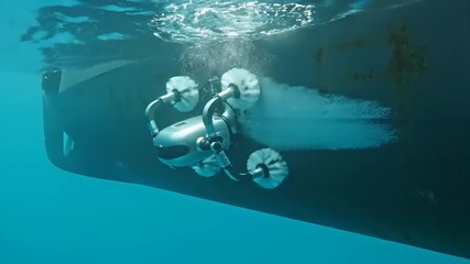Underwater view of a boats propeller and rudder in clear blue water, showing marine propulsion system. - Powered by Adobe