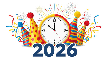 Vibrant 2026 New Year celebration countdown artwork featuring a clock, colorful party hats, festive confetti, and sparkling fireworks. Symbolizes fresh starts and joyful future hopes