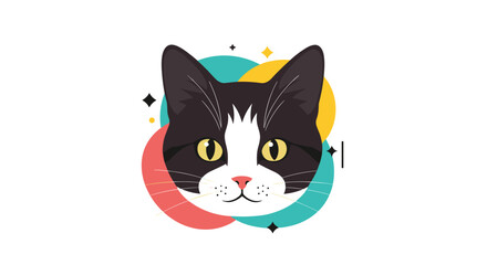 Stylized portrait of a tuxedo cat's head with bright yellow eyes and a pink nose, surrounded by colorful circles and decorative elements.