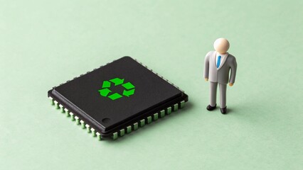 Business figurine with recycled microchip – concept of sustainable technology, eco-friendly innovation, e-waste management, and green electronics