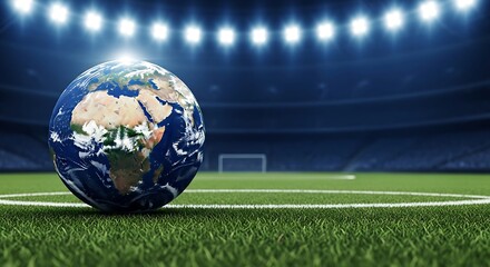 Planet Earth rests on vibrant green soccer field under stadium lights, symbolizing global sports and competition.
