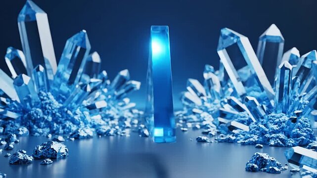 Stunning Blue Crystal Formation with Glowing Geometric Prism and Scattered Crystalline Structures on a Reflective Surface - Abstract Science Technology Background