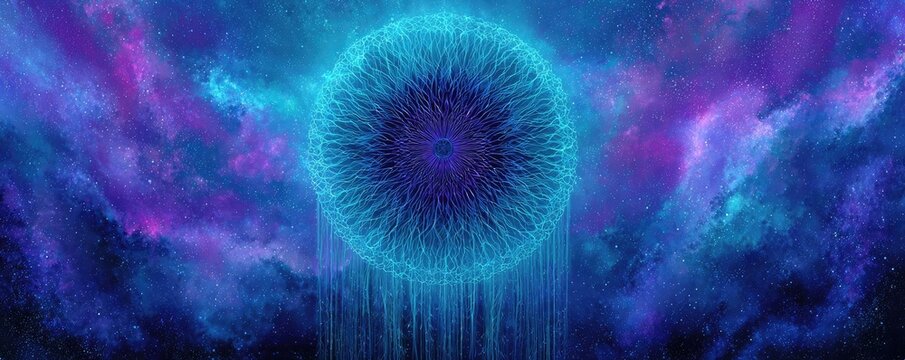 Beautiful dreamcatcher placed on abstract background concept. A stunning cosmic visualization of an abstract celestial sphere.