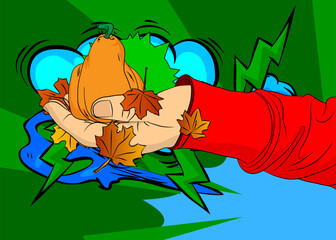 Cartoon, comic book human hands holding Thanksgiving pumpkin and Autumn leaves. Retro vector comics pop art design.