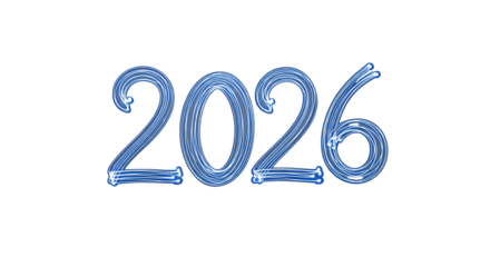 Glowing Blue Light Streaks Forming the Year 2026, cutout, PNG isolated on a white or transparent background, AI