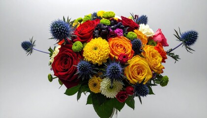 Colorful Floral Arrangement with Roses and Thistles on White Background.