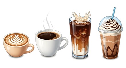 Obraz premium A collection of four distinct coffee drinks, showcasing variety in preparation and presentation.