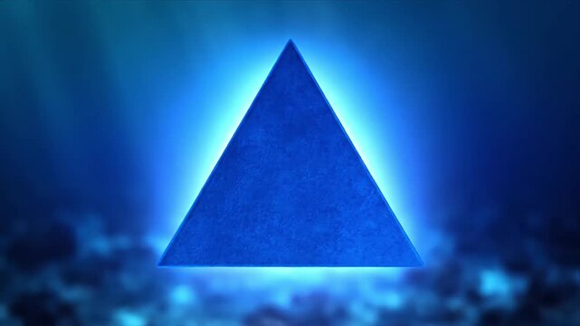 Hypnotic glowing blue triangle pyramid shape radiating ethereal light against a serene deep blue abstract background for mystical and futuristic concepts