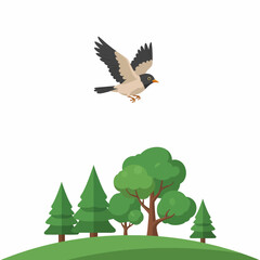 Fototapeta premium A small bird with light brown and dark grey feathers flying above a green hill with various trees, including pine and deciduous types, against a white background.