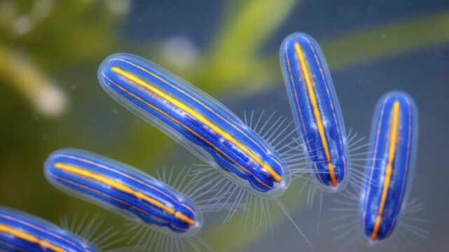 Microscopic organisms appear oblong with blue  yellow stripes  sparse hairs Theyre surrounded by a greenish background  hints of vegetation