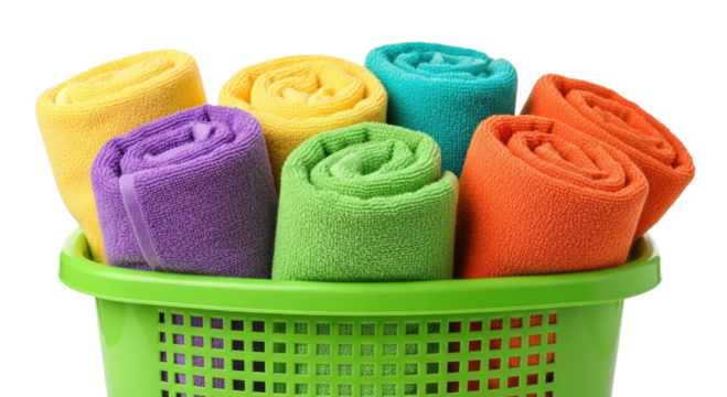 Vibrant rolled towels in a green basket transparent background cutout png - Powered by Adobe
