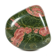 Detailed Macro Shot of Unakite Stone Displaying Green and Pink Mottled Colors.
