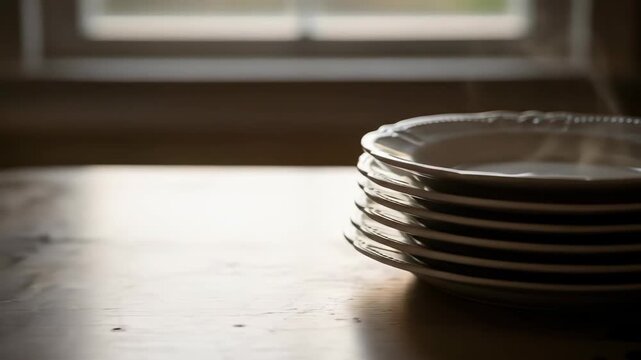 Stack of white plates on table with steam, food concept, cooking background.