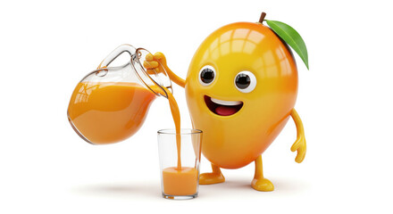 Mango cartoon fruit character orange leaf smiling pouring juice glass isolated white background fun playful healthy fresh cute happy summer vitamin tropical drink refreshment delicious organic