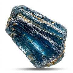 Striking Macro Shot: Deep Blue Kyanite Blade with Striated Texture on White. 