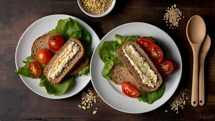 Healthy Breakfast Sandwich with Fresh Tomatoes and Lettuce on Rustic Table Top View