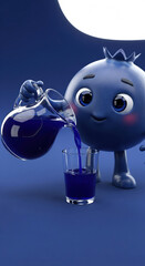 Blue cartoon character with crown pouring blue juice into glass, cheerful mood, minimal background, playful and vibrant, 3D illustration, creative concept art