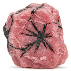 Rhodonite Specimen Macro: Pink Crystal with Black Dendrites Isolated on White.