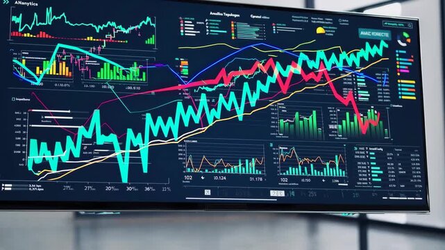 Dynamic data dashboard with colorful analytics, financial charts, line graph, bar chart, and digital interface for business analysis and financial - Powered by Adobe