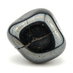 Macro Shot of a Polished Hematite Stone with a Metallic Sheen on White. 