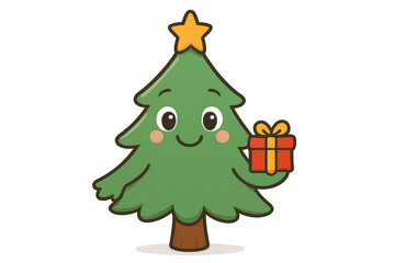 Naklejka premium Cute christmas tree character celebrating holiday season holding gift box with star topper