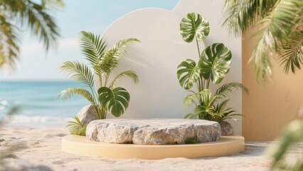 Beachside Display Podium With Tropical Plants And Ocean Background Soft Sunlight