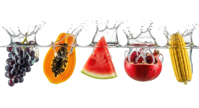 Assorted fruits splashing in water transparent background cutout png