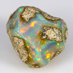 Macro Opal Beauty: Play-of-Color Iridescence on White, High Detail, 8K. 