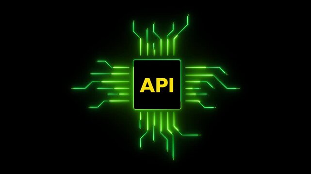 API Chip With Green Neon Circuitry On Black Background application programming interface